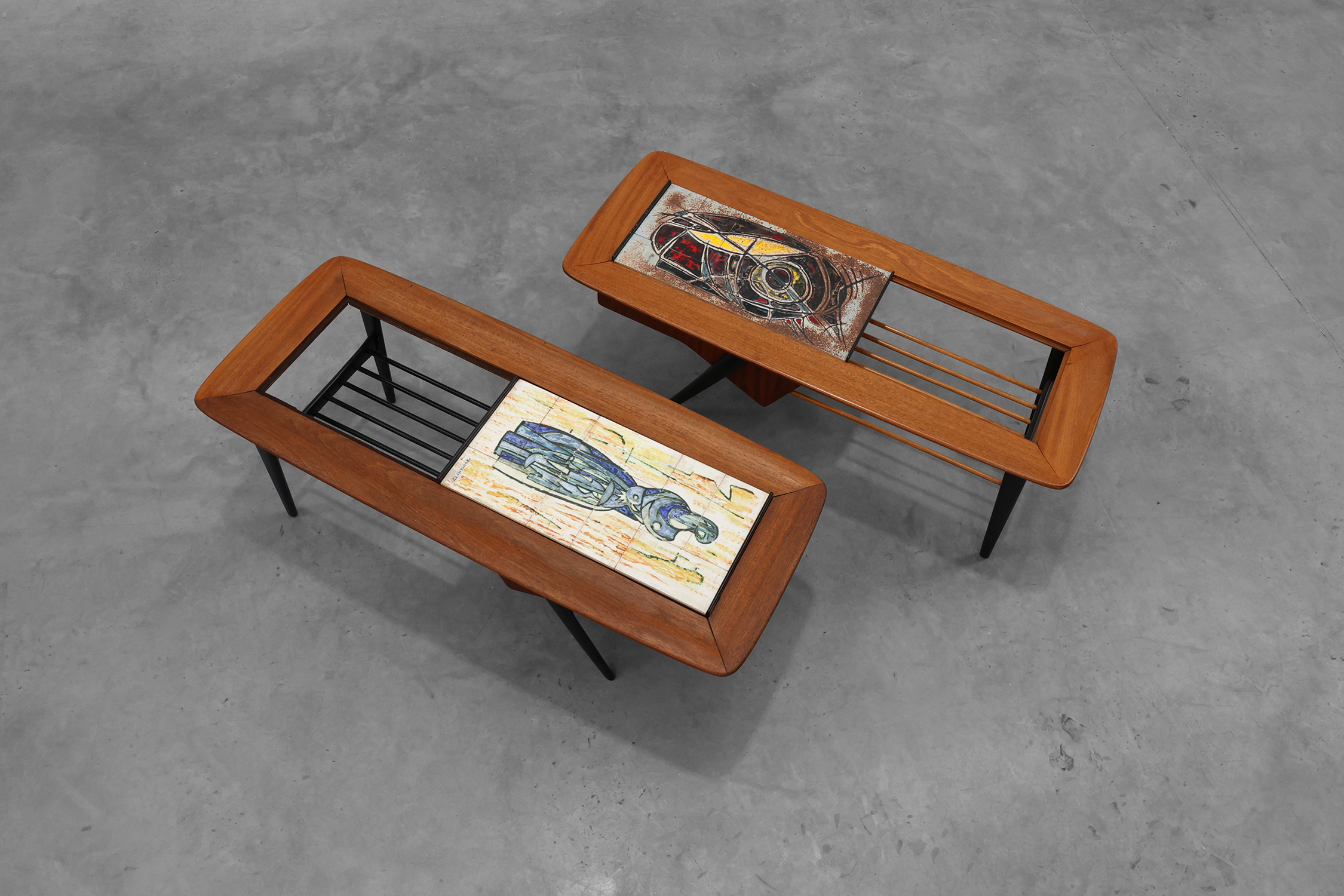 2 Coffee Tables model 210 in teak wood with ceramic tiles by Alfred Hendrickx for Belform, 1950sthumbnail
